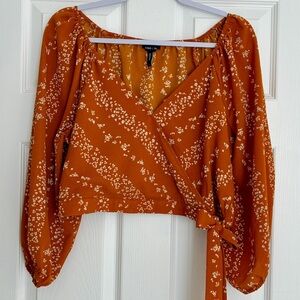 BCBG Wrap Crop Top L Burnt Orange Floral Boho Puff Sleeve Tie Waist Cottagecore